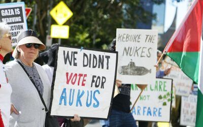 Protesters target AUKUS militarism outside US Chamber of Commerce luncheon