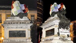 Activistas cubren la estatua de Isabel la Católica y Cristóbal Colón en Granada para protestar por el 12-O